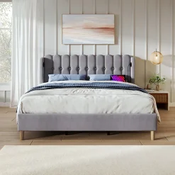 Redom Lit 140x200 cm avec rangement d'appoint et tête de lit tapissée en lin gris, charge USB-C intégrée Clearance