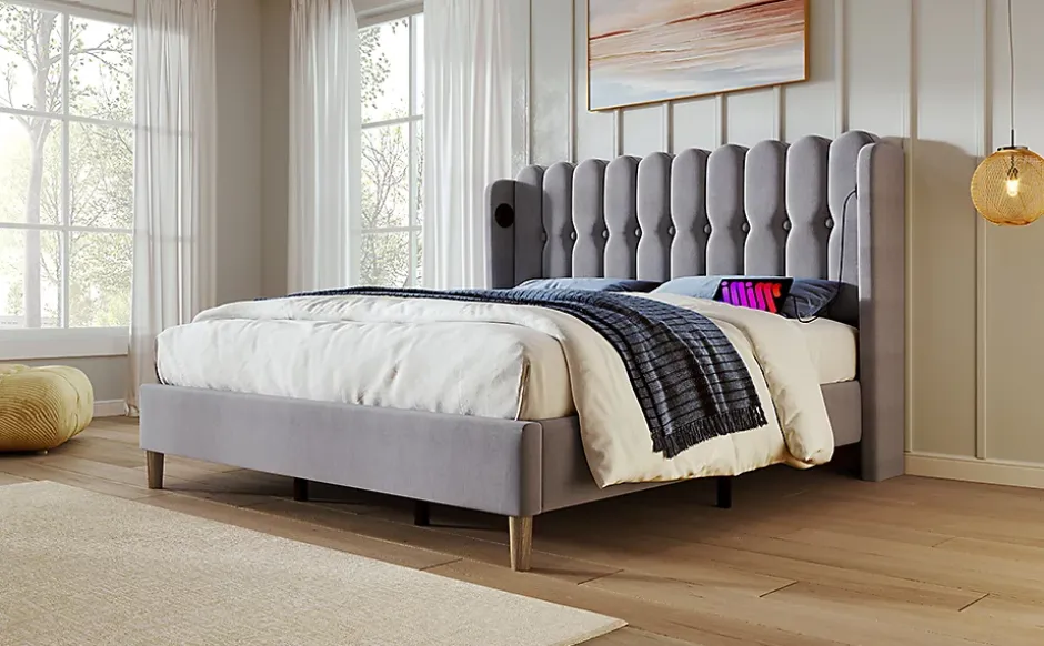 Redom Lit 140x200 cm avec rangement d'appoint et tête de lit tapissée en lin gris, charge USB-C intégrée Clearance