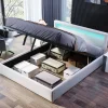 Redom Lit 140x200 cm avec rangement et tête de lit rembourrée éclairée, revêtement PU blanc, cadre MDF