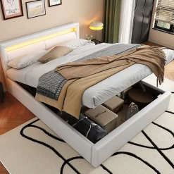 Redom Lit 140x200 cm avec rangement et tête de lit rembourrée éclairée, revêtement PU blanc, cadre MDF