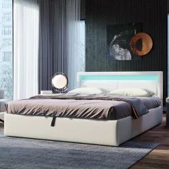 Redom Lit 140x200 cm avec rangement et tête de lit rembourrée éclairée, revêtement PU blanc, cadre MDF