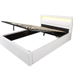 Redom Lit 140x200 cm avec rangement et tête de lit rembourrée éclairée, revêtement PU blanc, cadre MDF