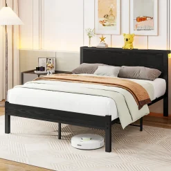 Redom Lit 140x200 cm avec rangement et tête de lit en MDF, cadre métal noir, design moderne et intemporel