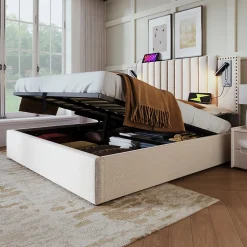 Redom Lit 160x200 cm avec rangement et tête de lit réglable en tissu beige riveté, lampe de lecture et ports USB
