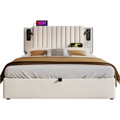 Redom Lit 160x200 cm avec rangement et tête de lit réglable en tissu beige riveté, lampe de lecture et ports USB
