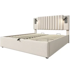 Redom Lit 160x200 cm avec rangement et tête de lit réglable en tissu beige riveté, lampe de lecture et ports USB
