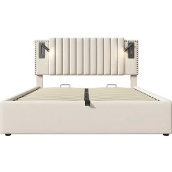 Redom Lit 160x200 cm avec rangement et tête de lit réglable en tissu beige riveté, lampe de lecture et ports USB