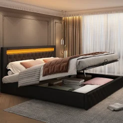 Redom Lit 140x200 cm avec rangement et tête de lit rembourrée, éclairage LED réglable, revêtement PU noir
