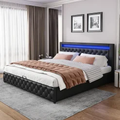Redom Lit 140x200 cm avec rangement et tête de lit rembourrée, éclairage LED réglable, revêtement PU noir