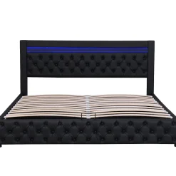 Redom Lit 140x200 cm avec rangement et tête de lit rembourrée, éclairage LED réglable, revêtement PU noir