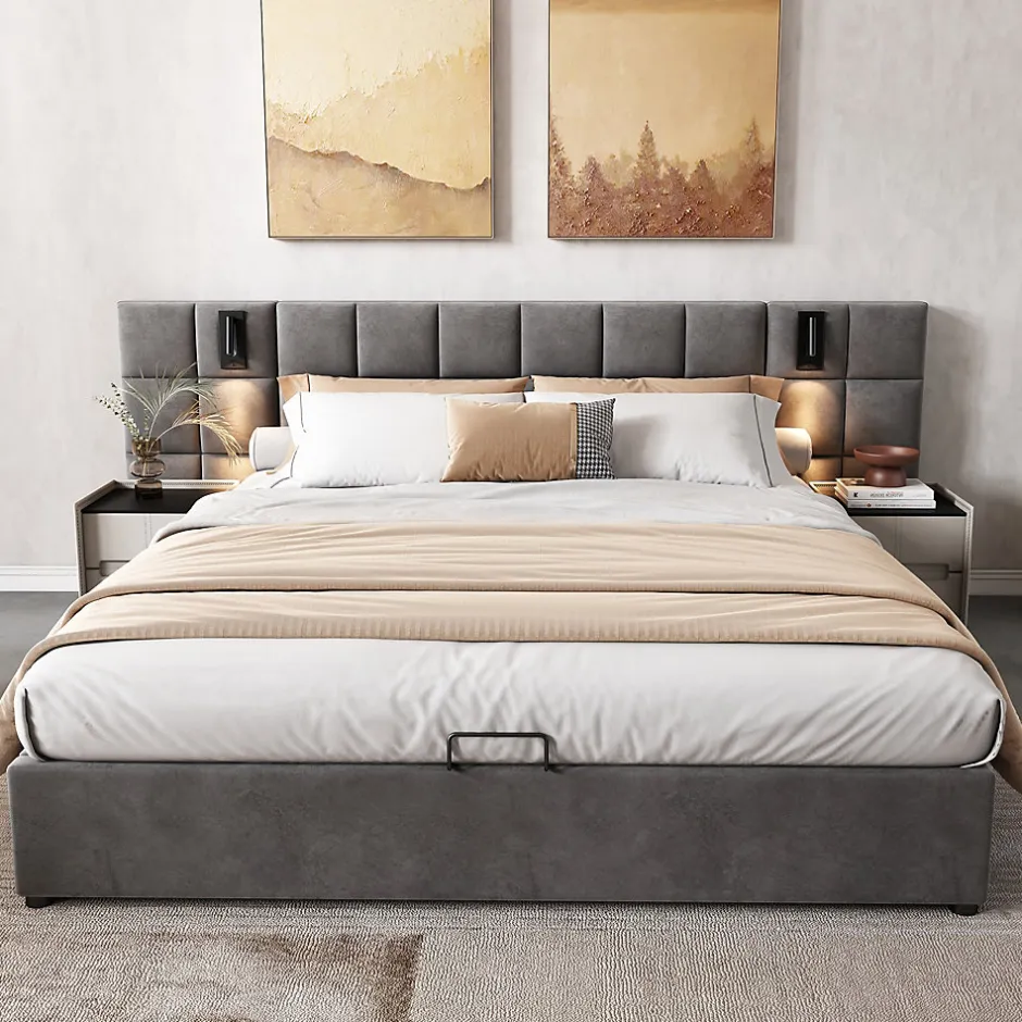 Redom Lit 160x200 cm avec rangement hydraulique et tête de lit capitonnée en velours gris, cadre acier robuste Clearance