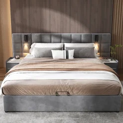 Redom Lit 160x200 cm avec rangement hydraulique et tête de lit capitonnée en velours gris, cadre acier robuste Clearance