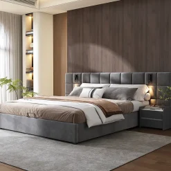 Redom Lit 160x200 cm avec rangement hydraulique et tête de lit capitonnée en velours gris, cadre acier robuste Clearance