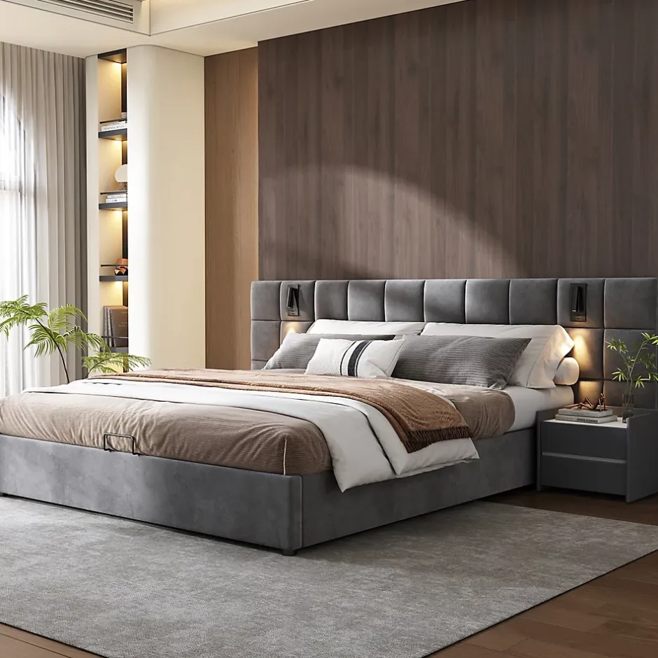 Redom Lit 160x200 cm avec rangement hydraulique et tête de lit capitonnée en velours gris, cadre acier robuste Clearance