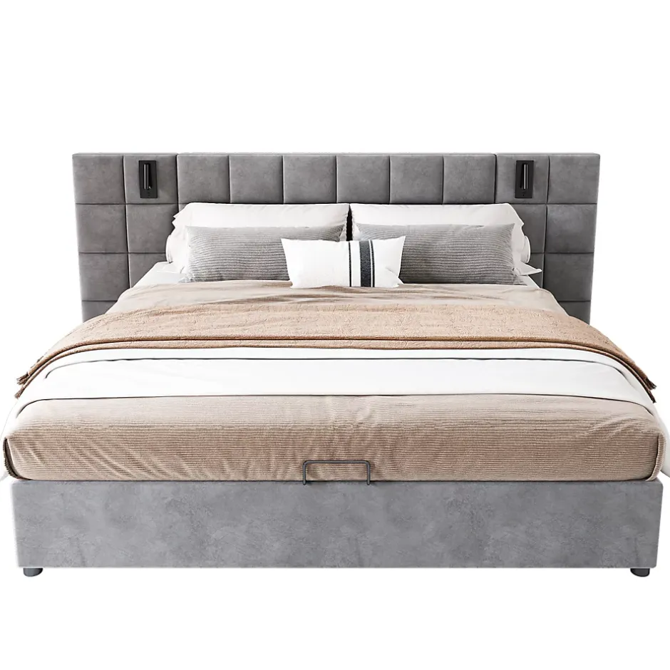 Redom Lit 160x200 cm avec rangement hydraulique et tête de lit capitonnée en velours gris, cadre acier robuste Clearance