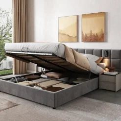 Redom Lit 160x200 cm avec rangement hydraulique et tête de lit capitonnée en velours gris, cadre acier robuste Clearance