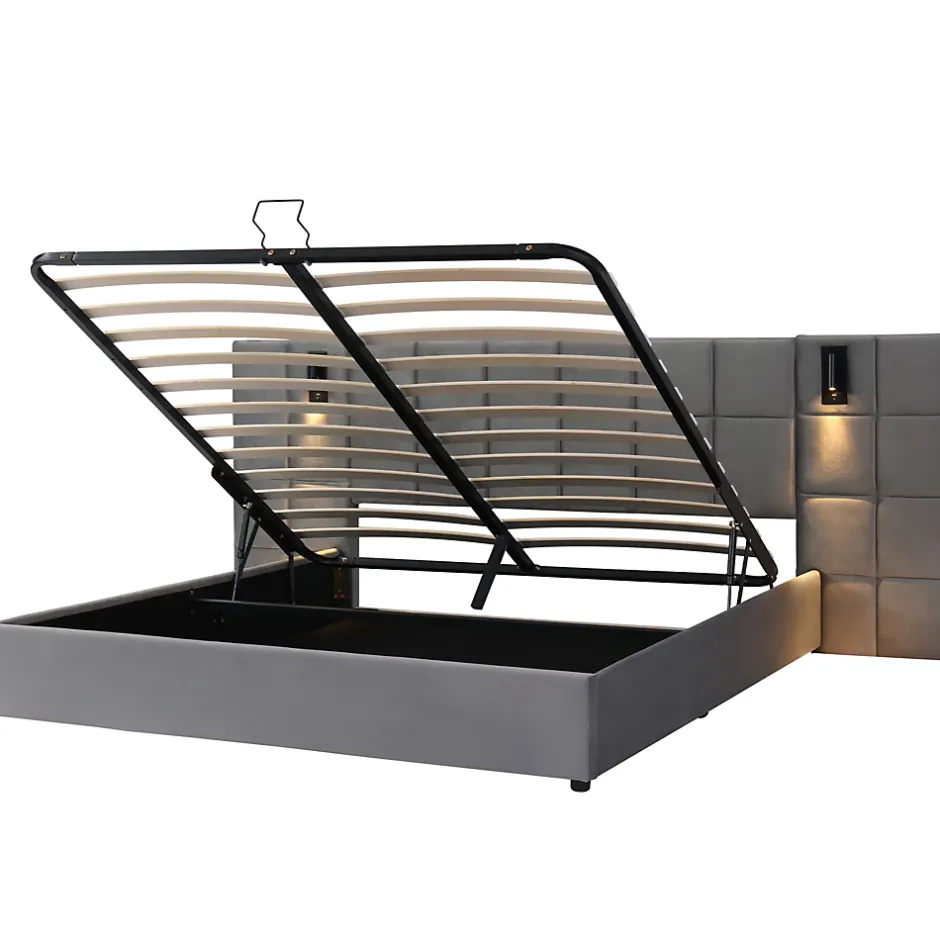 Redom Lit 160x200 cm avec rangement hydraulique et tête de lit capitonnée en velours gris, cadre acier robuste Clearance