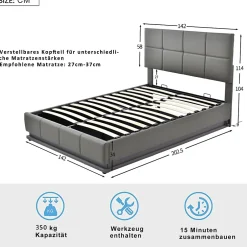 Redom Lit 140x200 cm avec rangement hydraulique et éclairage LED, tapissé simili cuir gris, cadre métal robuste New