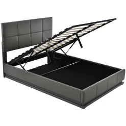 Redom Lit 140x200 cm avec rangement hydraulique et éclairage LED, tapissé simili cuir gris, cadre métal robuste New