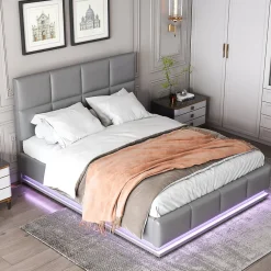 Redom Lit 140x200 cm avec rangement hydraulique et éclairage LED, tapissé simili cuir gris, cadre métal robuste New