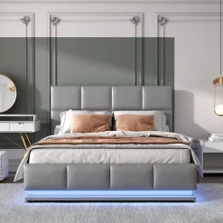 Redom Lit 140x200 cm avec rangement hydraulique et éclairage LED, tapissé simili cuir gris, cadre métal robuste New