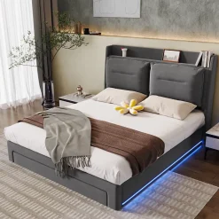 Redom Lit 160x200 cm avec rangement hydraulique, tiroirs 2-en-1, LED intégrées et tête rembourrée en velours gris