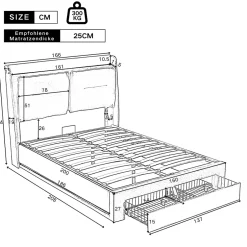 Redom Lit 160x200 cm avec rangement hydraulique, tiroirs 2-en-1, LED intégrées et tête rembourrée en velours gris