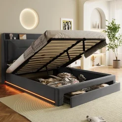 Redom Lit 160x200 cm avec rangement hydraulique, tiroirs 2-en-1, LED intégrées et tête rembourrée en velours gris