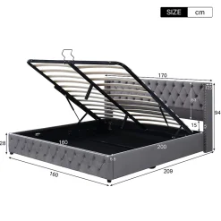 Redom Lit 160x200 cm avec rangement hydraulique et tête de lit capitonnée en velours gris, cadre bois et structure métal Hot