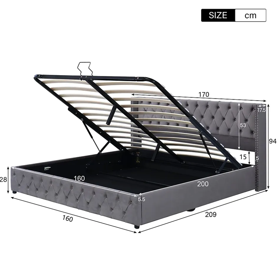 Redom Lit 160x200 cm avec rangement hydraulique et tête de lit capitonnée en velours gris, cadre bois et structure métal Hot