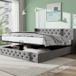 Redom Lit 160x200 cm avec rangement hydraulique et tête de lit capitonnée en velours gris, cadre bois et structure métal Hot