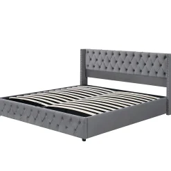 Redom Lit 160x200 cm avec rangement hydraulique et tête de lit capitonnée en velours gris, cadre bois et structure métal Hot