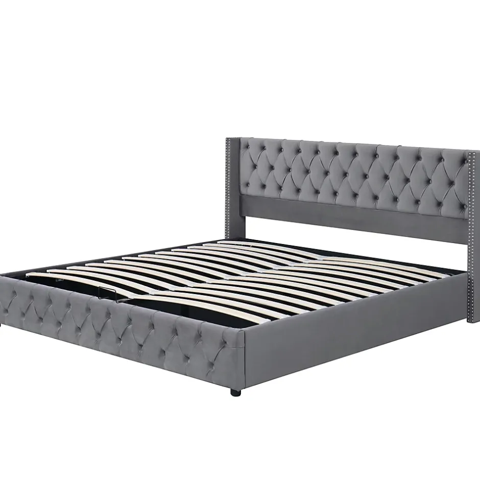 Redom Lit 160x200 cm avec rangement hydraulique et tête de lit capitonnée en velours gris, cadre bois et structure métal Hot