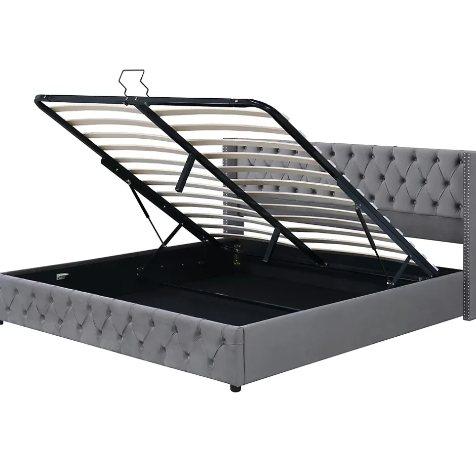 Redom Lit 160x200 cm avec rangement hydraulique et tête de lit capitonnée en velours gris, cadre bois et structure métal Hot