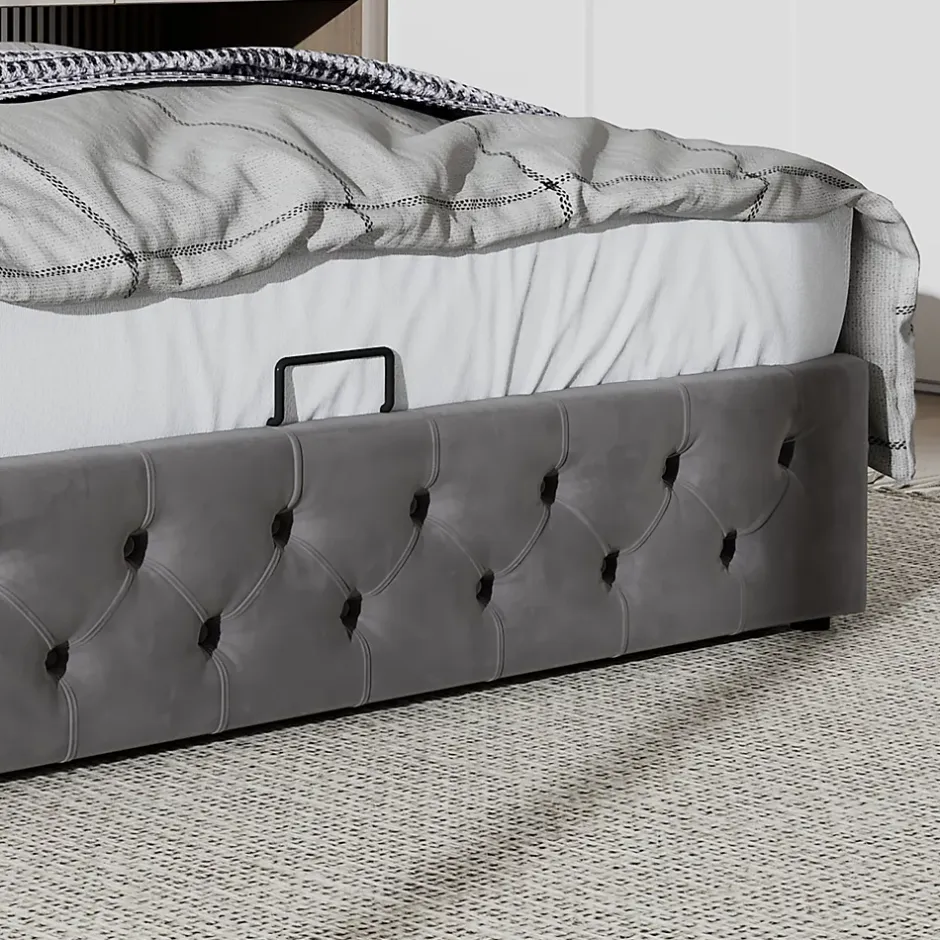Redom Lit 160x200 cm avec rangement hydraulique et tête de lit capitonnée en velours gris, cadre bois et structure métal Hot