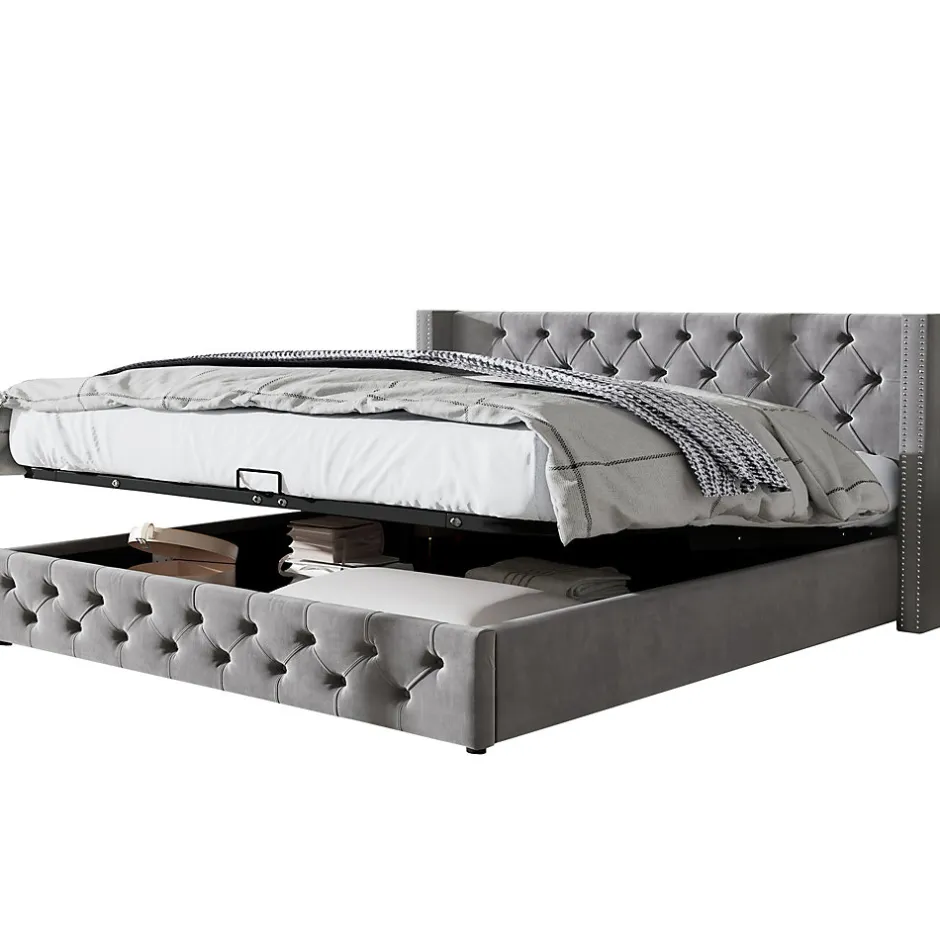 Redom Lit 160x200 cm avec rangement hydraulique et tête de lit capitonnée en velours gris, cadre bois et structure métal Hot