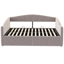 Redom Lit 140x200 cm avec rangement hydraulique et revêtement velours gris clair, convertible, design contemporain New