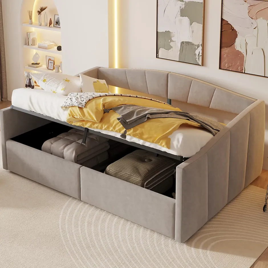 Redom Lit 140x200 cm avec rangement hydraulique et revêtement velours gris clair, convertible, design contemporain New