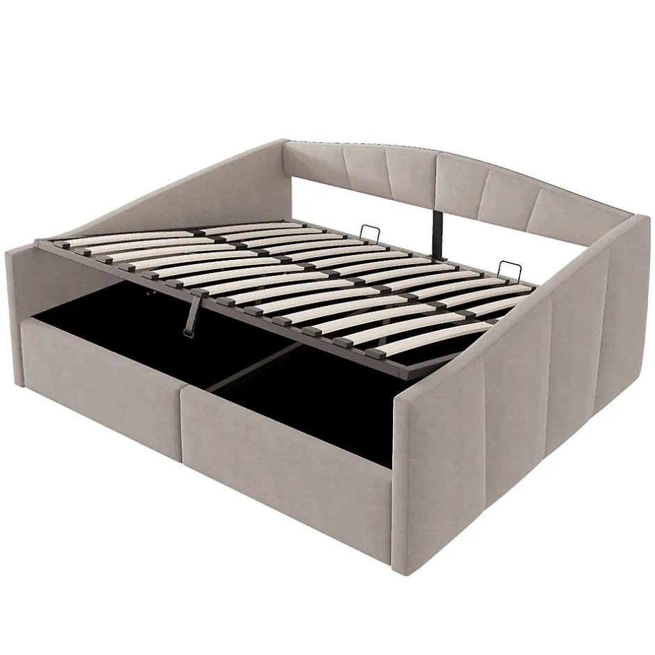 Redom Lit 140x200 cm avec rangement hydraulique et revêtement velours gris clair, convertible, design contemporain New