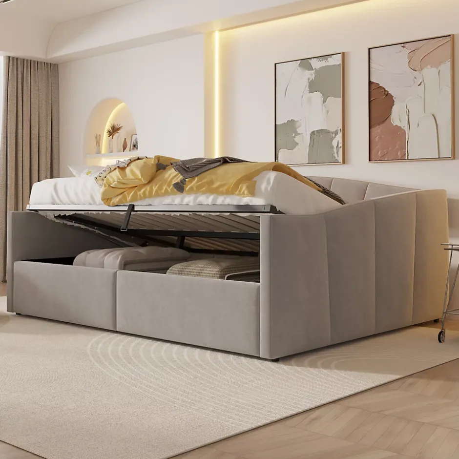 Redom Lit 140x200 cm avec rangement hydraulique et revêtement velours gris clair, convertible, design contemporain New