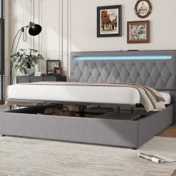 Redom Lit 180x200 cm avec rangement hydraulique et tête de lit tapissée en lin gris, éclairage LED pilotable Hot