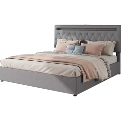 Redom Lit 180x200 cm avec rangement hydraulique et tête de lit tapissée en lin gris, éclairage LED pilotable Hot