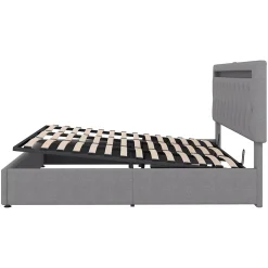 Redom Lit 180x200 cm avec rangement hydraulique et tête de lit tapissée en lin gris, éclairage LED pilotable Hot