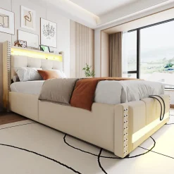 Redom Lit 90x200 cm avec rangement hydraulique, tête de lit étagères, LED multicolore et prise USB, tapissé lin beige