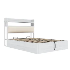 Redom Lit 140x200 cm avec rangement hydraulique intégré, tête de lit rembourrée et cadre métal bois blanc vintage New