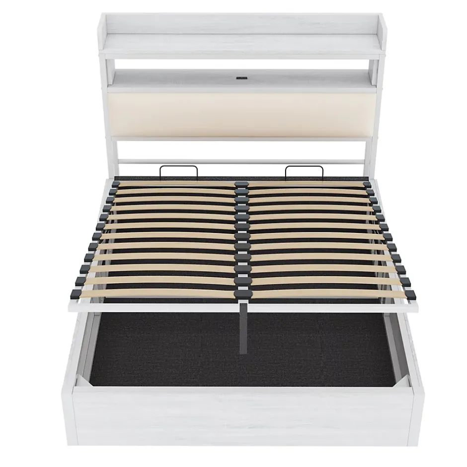 Redom Lit 140x200 cm avec rangement hydraulique intégré, tête de lit rembourrée et cadre métal bois blanc vintage New