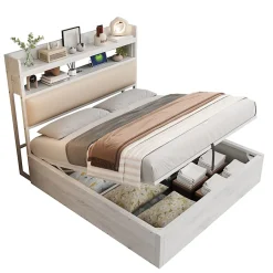 Redom Lit 140x200 cm avec rangement hydraulique intégré, tête de lit rembourrée et cadre métal bois blanc vintage New