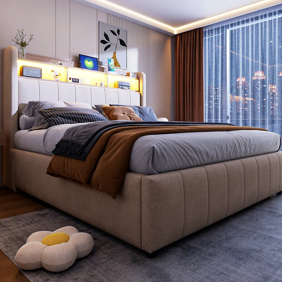 Redom Lit 140x200 cm avec rangement hydraulique et tête de lit LED, revêtu de lin beige au design contemporain