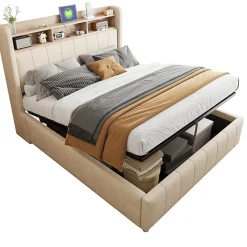 Redom Lit 140x200 cm avec rangement hydraulique et tête de lit LED, revêtu de lin beige au design contemporain