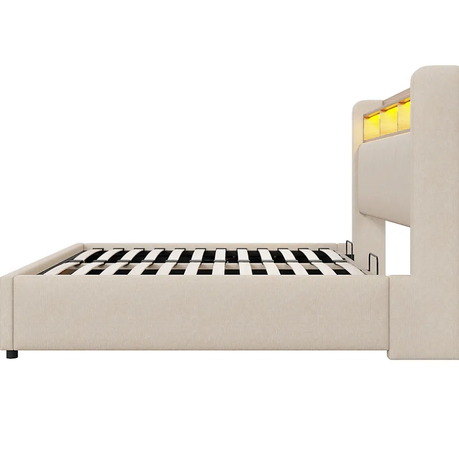 Redom Lit 140x200 cm avec rangement hydraulique et tête de lit LED, revêtu de lin beige au design contemporain